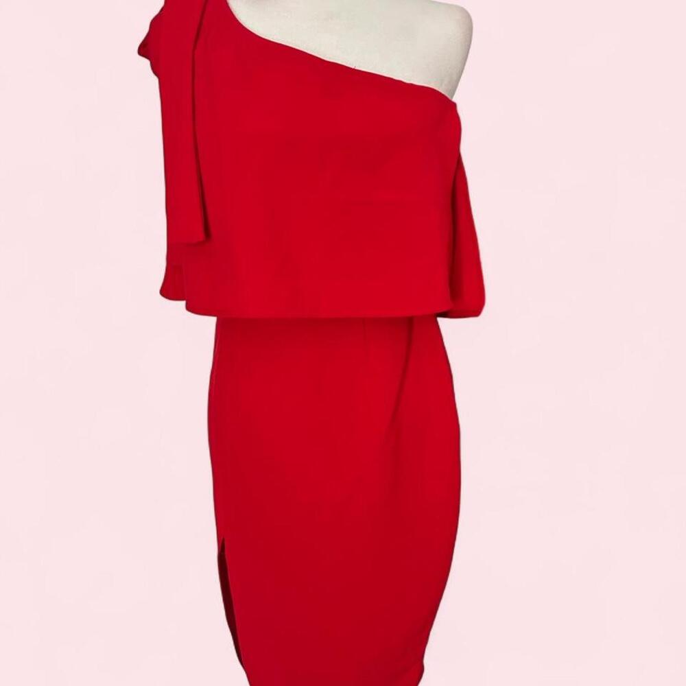 Glam Cocktail Party Homecoming Formal Red 1 shoulder dress ruffle & bow detail